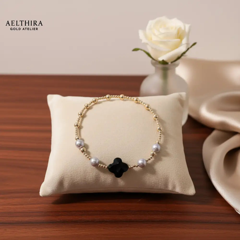 Black Onyx Clover 14k Gold Filled Bracelet (Protection) Bracelet