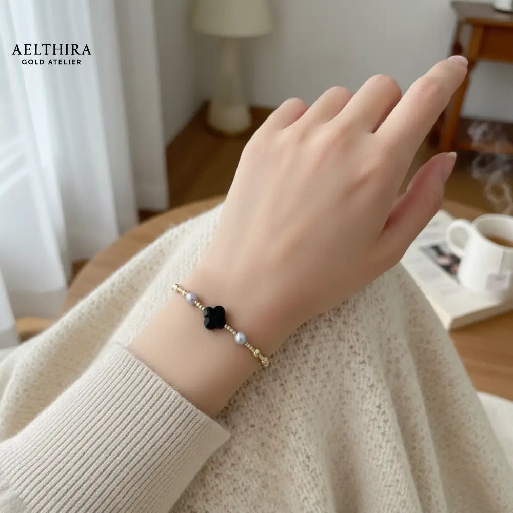 Black Onyx Clover 14k Gold Filled Bracelet (Protection) Bracelet