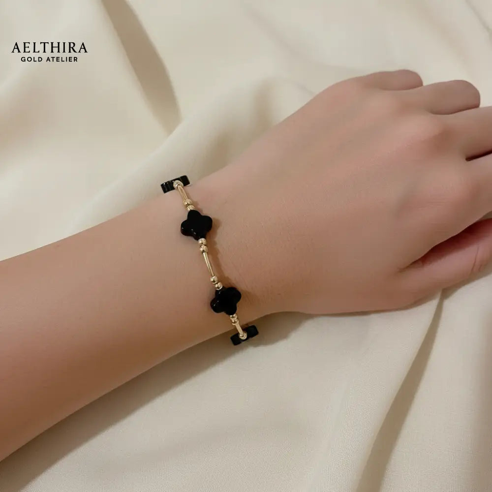 Black Onyx Clover Bangle 14k Gold Filled Jewelry 7” Bracelet