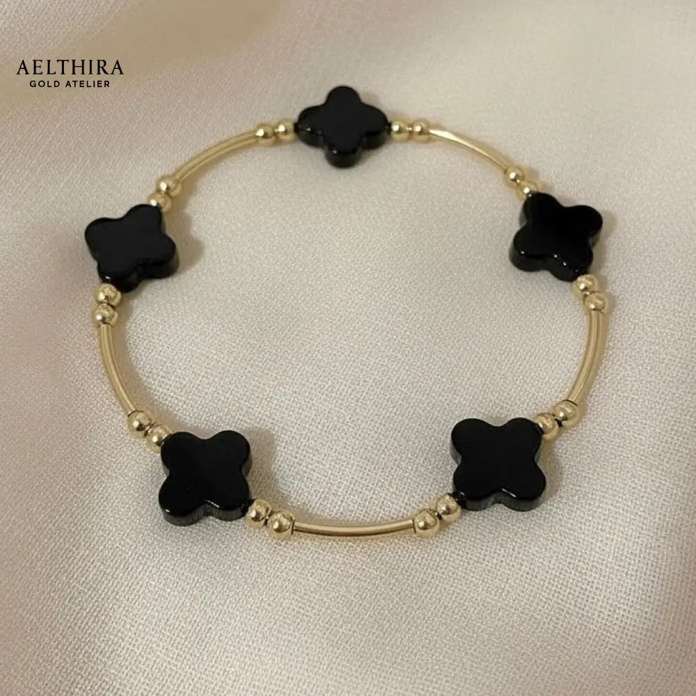 Black Onyx Clover Bangle 14k Gold Filled Jewelry 7” Bracelet