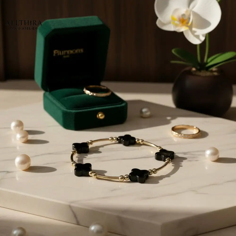 Black Onyx Clover Bangle 14k Gold Filled Jewelry 7” Bracelet