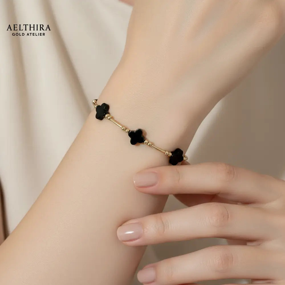 Black Onyx Clover Bangle 14k Gold Filled Jewelry 7” Bracelet